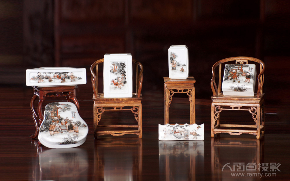 烟台瓷器摄影,手绘墨彩婴戏文房六宝摄影